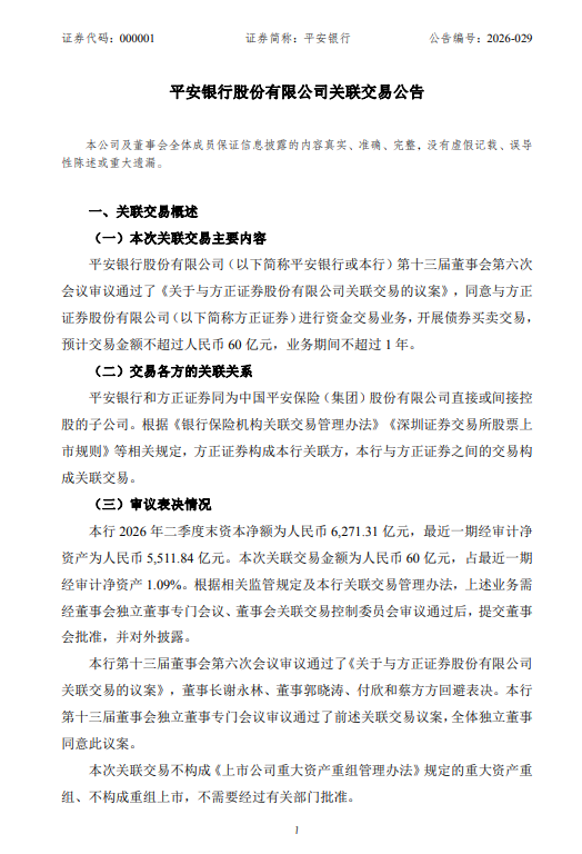 平安银行：与方正证券开展比较高60亿元债券买卖交易